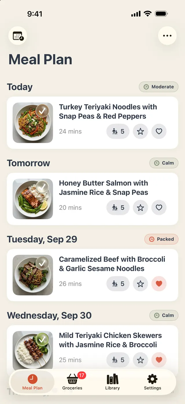 The WeeknightBite meal plan: a dinner for today, tomorrow, Tuesday and Wednesday, each night marked Calm, Moderate or Packed.