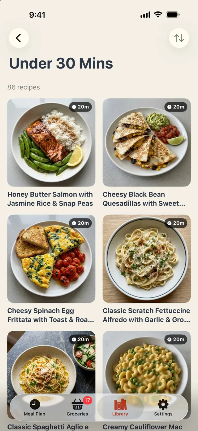 The recipe library filtered to dinners under 30 minutes.