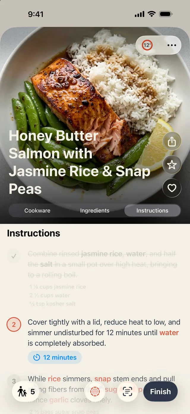 A recipe in cooking mode: the current step with its 12-minute timer.